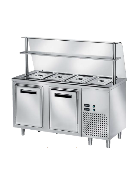 TAVOLO INOX AISI 304 REFRIGERATO SELF-SERVICE, x4 GN 1/1 - VANO INFERIORE REFRIGERATO E VETRO CURVO - CM 150x80x140h