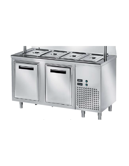 TAVOLO INOX AISI 304 REFRIGERATO SELF-SERVICE, x4 GN 1/1 - VANO INFERIORE REFRIGERATO - SENZA VETRO - CM 150x80x89h