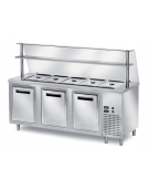 TAVOLO INOX AISI 304 REFRIGERATO SELF-SERVICE, x5 GN 1/1 - VANO INFERIORE REFRIGERATO E VETRO CURVO - CM 200x80x140h