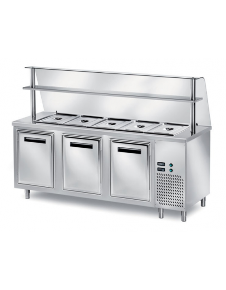 TAVOLO INOX AISI 304 REFRIGERATO SELF-SERVICE, x5 GN 1/1 - VANO INFERIORE REFRIGERATO E VETRO CURVO - CM 200x80x140h