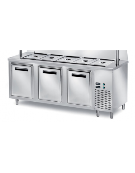 TAVOLO INOX AISI 304 REFRIGERATO SELF-SERVICE, x5 GN 1/1 - VANO INFERIORE REFRIGERATO - SENZA VETRO - CM 200x80x89h