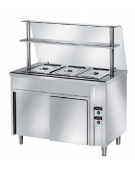 TAVOLO CALDO INOX AISI 304 BAGNOMARIA SELF SERVICE  x3 GN 1/1 - VANO INFERIORE NEUTRO E VETRO CURVO - CM. 120X80X140H