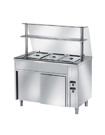 TAVOLO CALDO INOX AISI 304 BAGNOMARIA SELF SERVICE  x3 GN 1/1 - VANO INFERIORE NEUTRO E VETRO CURVO - CM. 120X80X140H