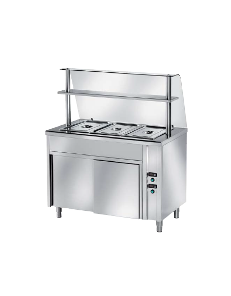 TAVOLO CALDO INOX AISI 304 BAGNOMARIA SELF SERVICE  x3 GN 1/1 - VANO INFERIORE NEUTRO E VETRO CURVO - CM. 120X80X140H