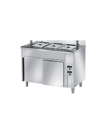 TAVOLO CALDO INOX AISI 304 BAGNOMARIA SELF SERVICE  x3 GN 1/1 - VANO INFERIORE NEUTRO - SENZA VETRO CURVO - CM. 120X80X89H