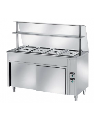 TAVOLO CALDO INOX AISI 304 BAGNOMARIA SELF SERVICE  x4 GN 1/1 - VANO INFERIORE NEUTRO E VETRO CURVO - CM. 150X80X140H