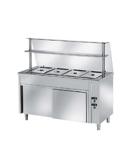 TAVOLO CALDO INOX AISI 304 BAGNOMARIA SELF SERVICE  x4 GN 1/1 - VANO INFERIORE NEUTRO E VETRO CURVO - CM. 150X80X140H