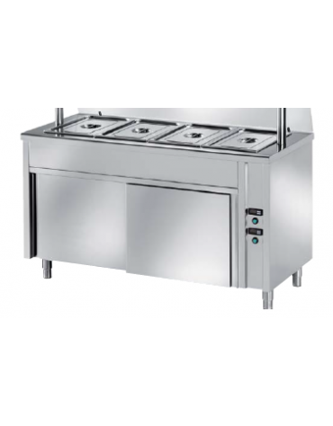 TAVOLO CALDO INOX AISI 304 BAGNOMARIA SELF SERVICE  x4 GN 1/1 - VANO INFERIORE NEUTRO E VETRO CURVO - CM. 150X80X89H