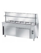 TAVOLO CALDO INOX AISI 304 BAGNOMARIA SELF SERVICE  x5 GN 1/1 - VANO INFERIORE NEUTRO E VETRO CURVO - CM. 200X80X140H