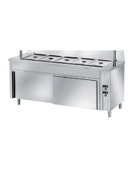 TAVOLO CALDO INOX AISI 304 BAGNOMARIA SELF SERVICE  x5 GN 1/1 - VANO INFERIORE NEUTRO - SENZA VETRO CURVO - CM. 200X80X89H