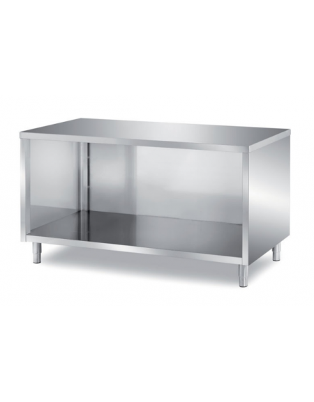 TAVOLO INOX AISI 304 A GIORNO SELF SERVICE CON SCHIENALE E PANNELLATURA SOTTOPIANO INOX - CM 80X80X89H