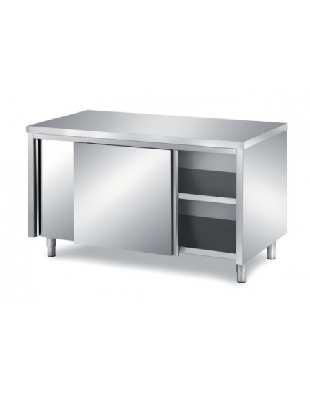 TAVOLO ARMADIATO INOX AISI 304 SELF SERVICE CON 2 ANTE SCORREVOLI E PANNELLATURA SOTTOPIANO INOX - CM 100X80X89H