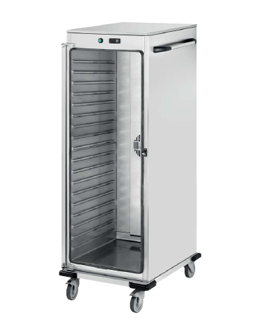 Armadio/carrello portateglie riscaldato in acciaio inox 18/10 AISI 304 - 2 vani 2 temperature - 7+7 teglie GN2/1 - cm 73x90,5x19