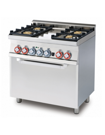 Cucina a gas 4 fuochi su forno elettrico statico con grill porta inox, camera cm 64x42x35h, 1 griglia - cm 80x60x90h