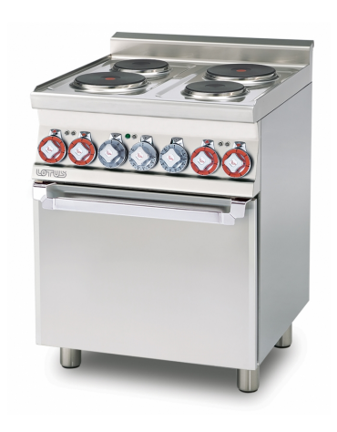 Cucina elettrica trifase-9,05kw, 4 piastre, forno elettrico multifunzione con camera cm 46x37x35h, porta cieca inox - cm 60x60x9