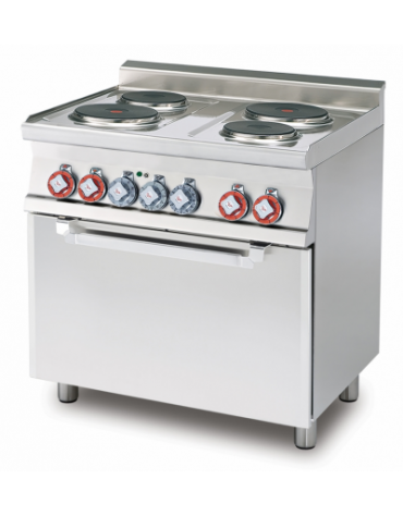 Cucina elettrica trifase-9,05kw, 4 piastre, forno elettrico multifunzione con camera cm 64x37x35h, porta cieca inox - cm 80x60x9