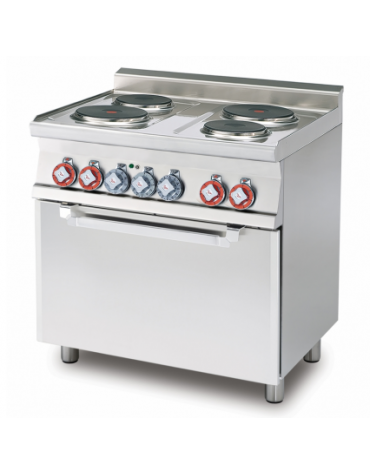 Cucina elettrica trifase-8,62kw, 4 piastre, forno elettrico statico con camera cm 64x42x35h, porta cieca inox - cm 80x60x90h