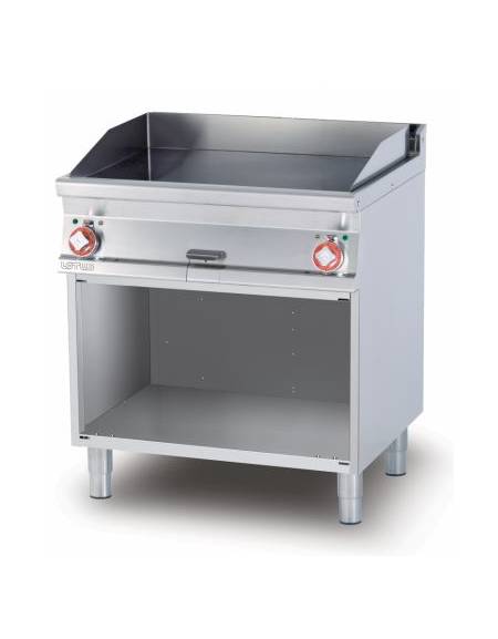 Fry top elettrico trifase-11,1kw, piastra liscia cromata SUPERCHROME cm 76x51 su mobile a giorno - dim. 80x70,5x90h