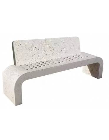 PANCHINA IN CEMENTO CON SCHIENALE, FIANCHI CURVI E SEDUTA CON FORI - COLORE BIANCO TRAVERTINO - CM 200X50X90H