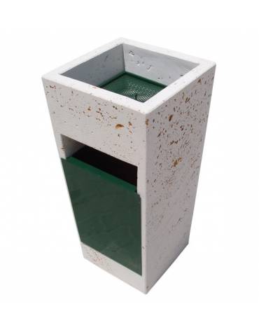 CESTONE GETTACARTE TRAPEZOIDALE IN CALCESTRUZZO COLORE BIANCO SABBIATO - CON POSACENERE E CESTELLO METALLO - CM 41X41X90H