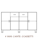 MOBILE CONTENITORE 2 ANTE E 4 CASSETTI COLORE A SCELTA + 2 VANI A GIORNO, STRUTTURA NOBILITATO BETULLA O LARICE - cm 138x41x80H