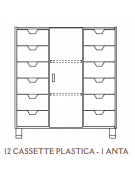 MOBILE CONTENITORE CON 12 CASSETTE IN PLASTICA E 1 ANTA COLORE A SCELTA, STRUTTURA NOBILITATO BETULLA O LARICE - cm 104x41x114H