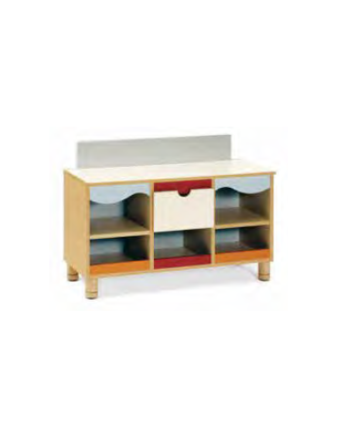 MOBILE GIOCO CREDENZA, STRUTTURA E RIPIANI IN LEGNO CON FINITURA NOBILIATO DI BETULLA - cm 104x41x56/71H