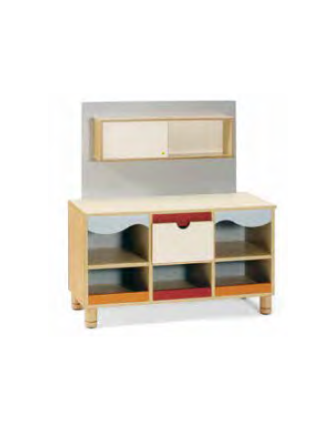 MOBILE GIOCO CREDENZA CON SOPRALZO, STRUTTURA E RIPIANI IN LEGNO CON FINITURA NOBILIATO DI BETULLA - cm 104x41x56/108H