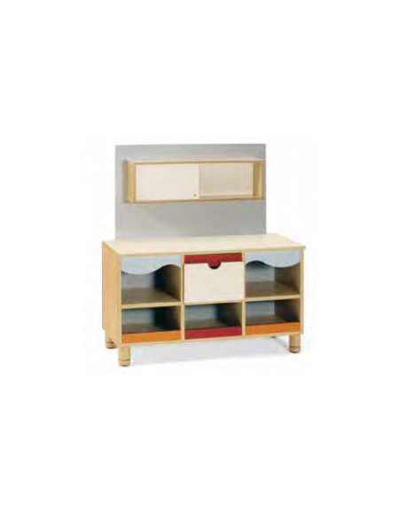 MOBILE GIOCO CREDENZA CON SOPRALZO, STRUTTURA E RIPIANI IN LEGNO CON FINITURA NOBILIATO DI BETULLA - cm 104x41x56/108H