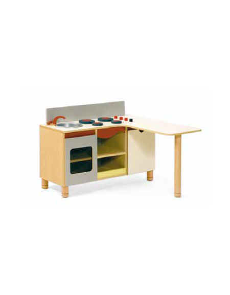 MOBILE GIOCO CUCINA CON LAVELLO, SNACK, STRUTTURA E RIPIANI IN LEGNO CON FINITURA NOBILIATO DI BETULLA - cm 104x41x56/71H