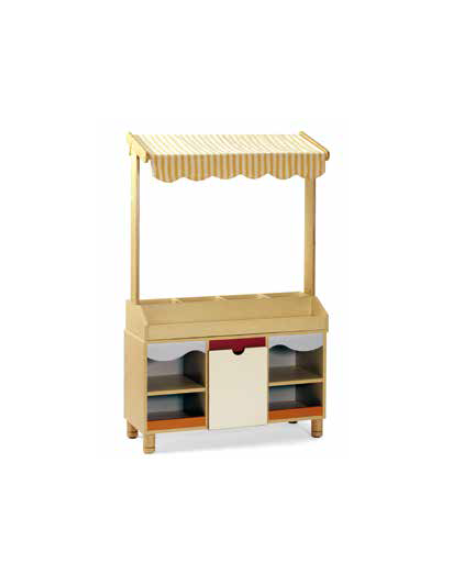 MOBILE GIOCO MERCATINO CON SOPRALZO, STRUTTURA IN LEGNO CON FINITURA NOBILIATO DI BETULLA - cm 104x41x72/162H