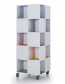 TOTEM ESPOSITORE CONTENITORE  A CASELLE SU RUOTE, STRUTTURA IN LEGNO COLORE BIANCO E RIPIANI COLORATI A SCELTA - cm 65x65x180H