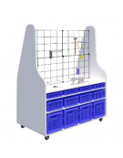 POSTAZIONE BASE MOBILE BIFRONTE CAPACITA' 24 CASSETTE (ESCLUSE) DIDATTICA STEAM,  SOPRALZO IN GRIGLIA METALLICA - cm 138x82x184H