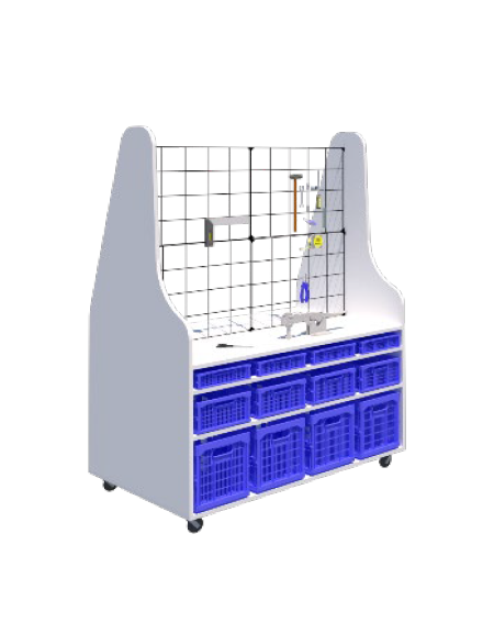 POSTAZIONE BASE MOBILE BIFRONTE CAPACITA' 24 CASSETTE (ESCLUSE) DIDATTICA STEAM,  SOPRALZO IN GRIGLIA METALLICA - cm 138x82x184H