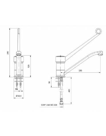 Monoforo miscelatore canna Ø mm 20 a "C Lunga", leva corta - mm 290x410h