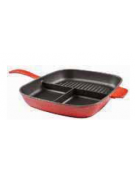 Padella grill divisa in ghisa - colore rosso - 1 manico e 1 maniglia - cm 26x30 - h cm 5,5 - 2,38 Litri - 2 pozioni