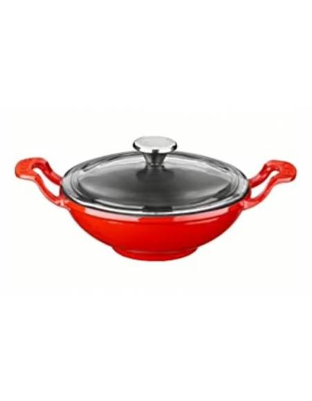 Mini wok in ghisa con coperchio in vetro - colore rosso - Ø cm 16 - 0,75 Litri - 1 pozioni