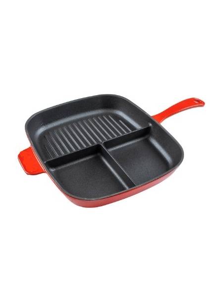 Padella grill divisa in ghisa - colore rosso - 1 manico e 1 maniglia - cm 26x30 - h cm 5,5 - 2,38 Litri - 2 pozioni