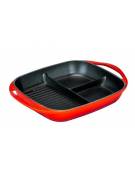 Padella grill divisa in ghisa - colore rosso - con 2 maniglie - cm 26x30 - h cm 5,5 - 2,68 Litri - 4-6 porzioni