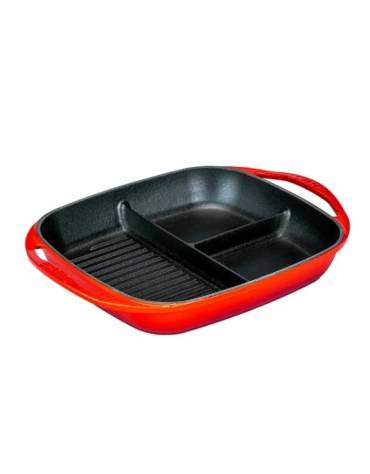 Padella grill divisa in ghisa - colore rosso - con 2 maniglie - cm 26x30 - h cm 5,5 - 2,68 Litri - 4-6 porzioni