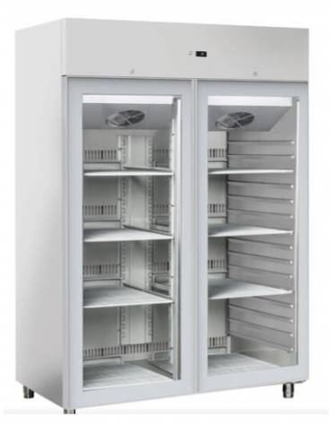 Armadio Refrigerato Lt 1.400 GN 2/1 in Lamiera Preverniciata Bianca BT con 2 porte in vetro e luce interna - cm 142x80x203h