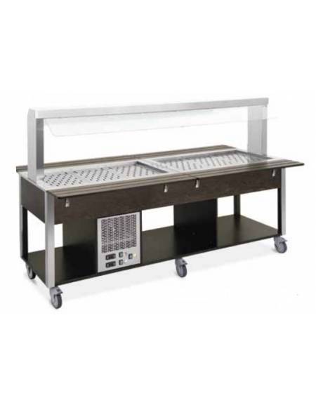 Carrello buffet misto freddo/caldo, parafiato fisso - 5 vani GN1/1 (2 caldi + 3 freddi) - colore Wengè - cm 193x68x144h