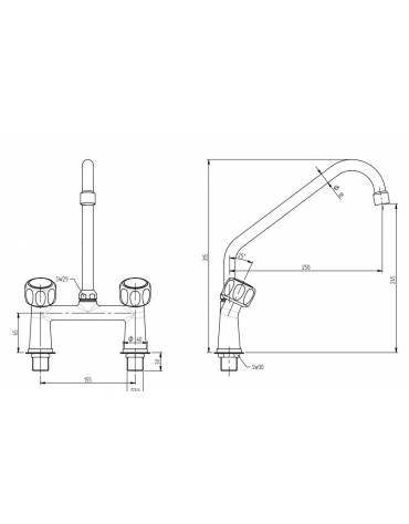 Biforo a lavello con raccordi, canna a "C" Ø mm 18 , maniglia Elena - mm 250x315h