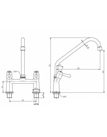 Biforo a lavello con raccordi, canna a "C" Ø mm 18 , maniglia Pino - mm 250x315h