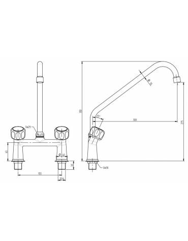 Biforo a lavello con raccordi, canna a "C" Ø mm 18 , maniglia Elena - mm 300x315h