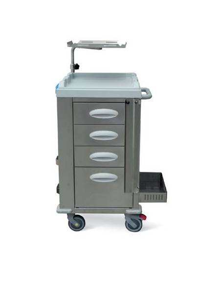 Carrello emergenza - 5 cassetti - asta portaflebo, porta defibrillatore, tavola per massaggio cardiaco - cm 77,5x71x92h