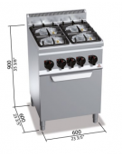 CUCINA A GAS 4 FUOCHI PROFESSIONALE - POTENZA TOTALE 22,5 KW - SU FORNO A GAS 1/1 - CM 60x60x90H