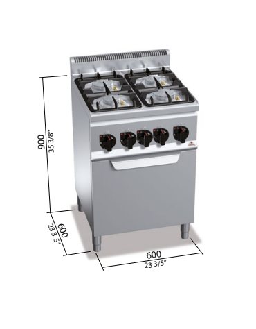 CUCINA A GAS 4 FUOCHI PROFESSIONALE - POTENZA TOTALE 22,5 KW - SU FORNO A GAS 1/1 - CM 60x60x90H