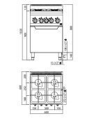 CUCINA A GAS 4 FUOCHI PROFESSIONALE - POTENZA TOTALE 22,5 KW - SU FORNO A GAS 1/1 - CM 60x60x90H