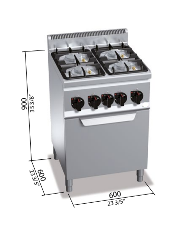 CUCINA A GAS 4 FUOCHI - POTENZA TOTALE 19 KW - SU FORNO ELETTRICO A CONVEZIONE GN 1/1 - CM 60x60x90H